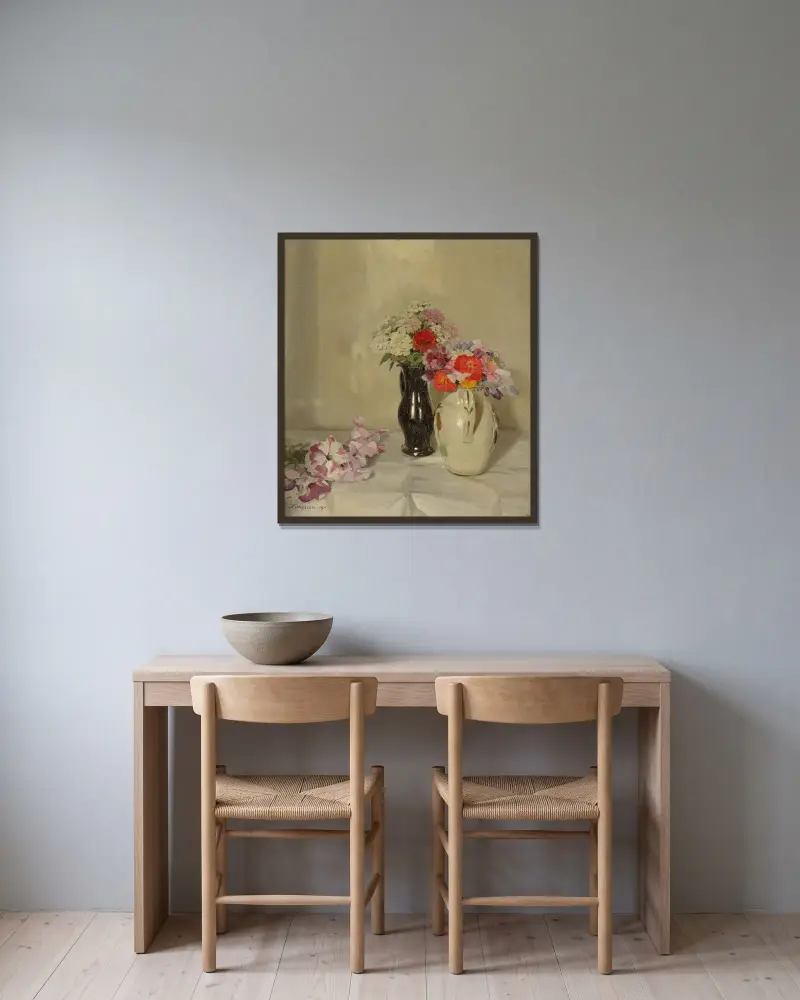 Zinnias av William Nicholson inramad på en vägg
