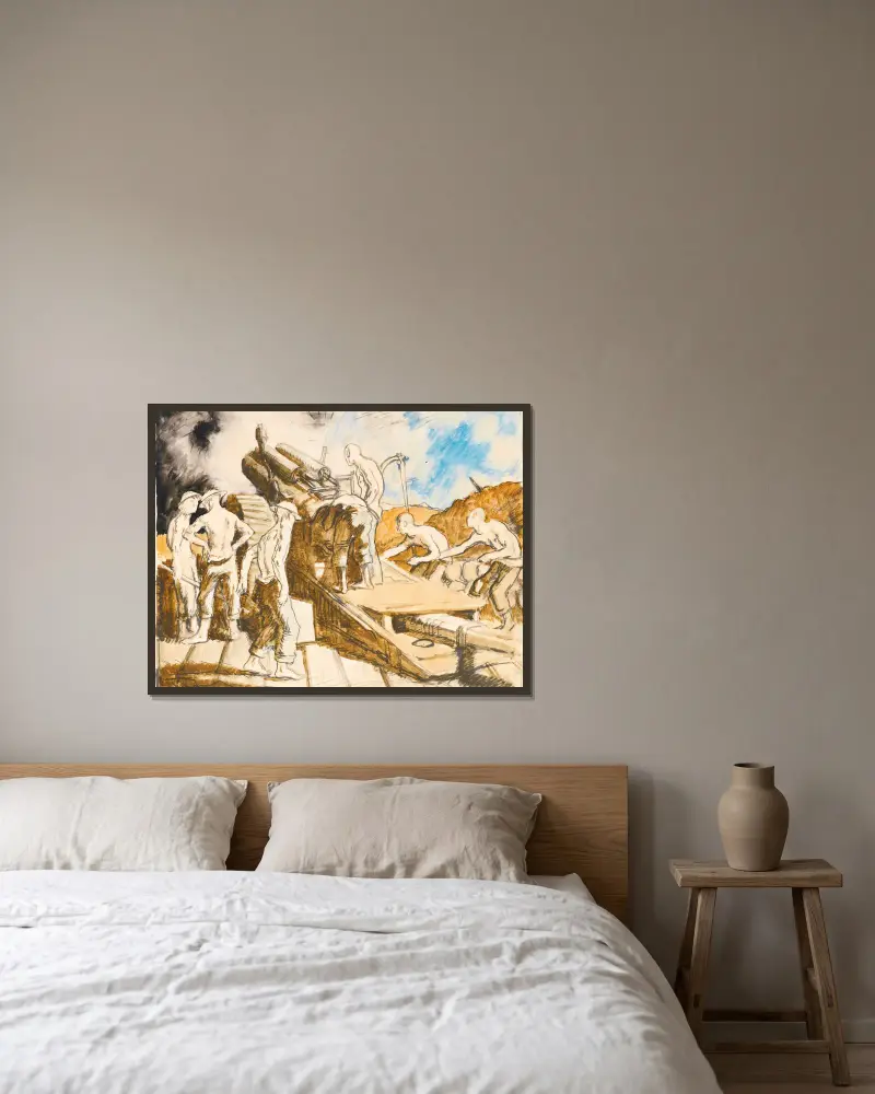 Die Haubitze im Einsatz von William Orpen gerahmt an einer Wand