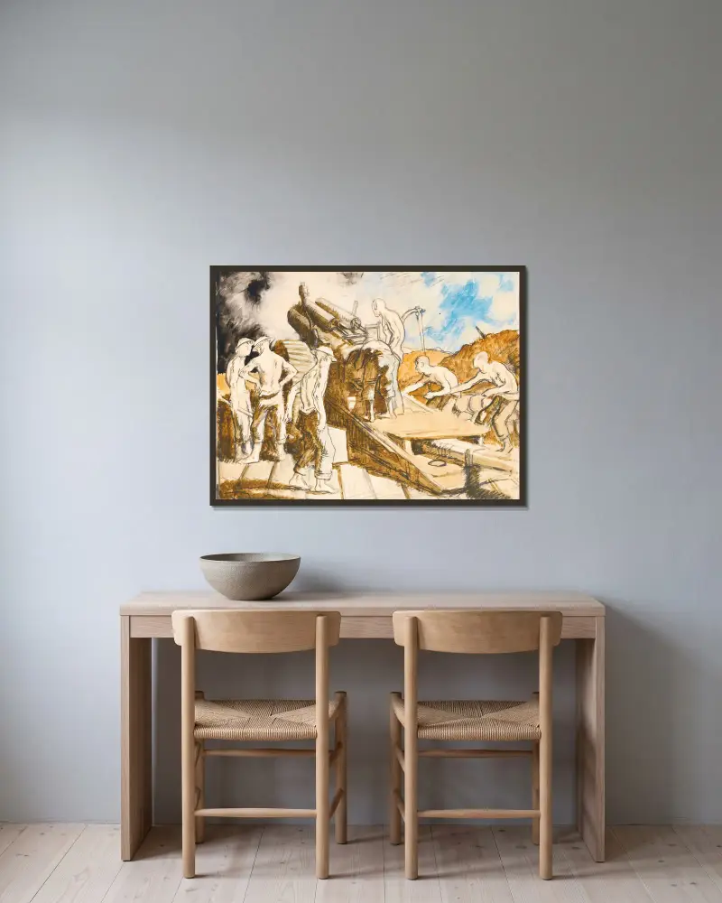 Die Haubitze im Einsatz von William Orpen gerahmt an einer Wand