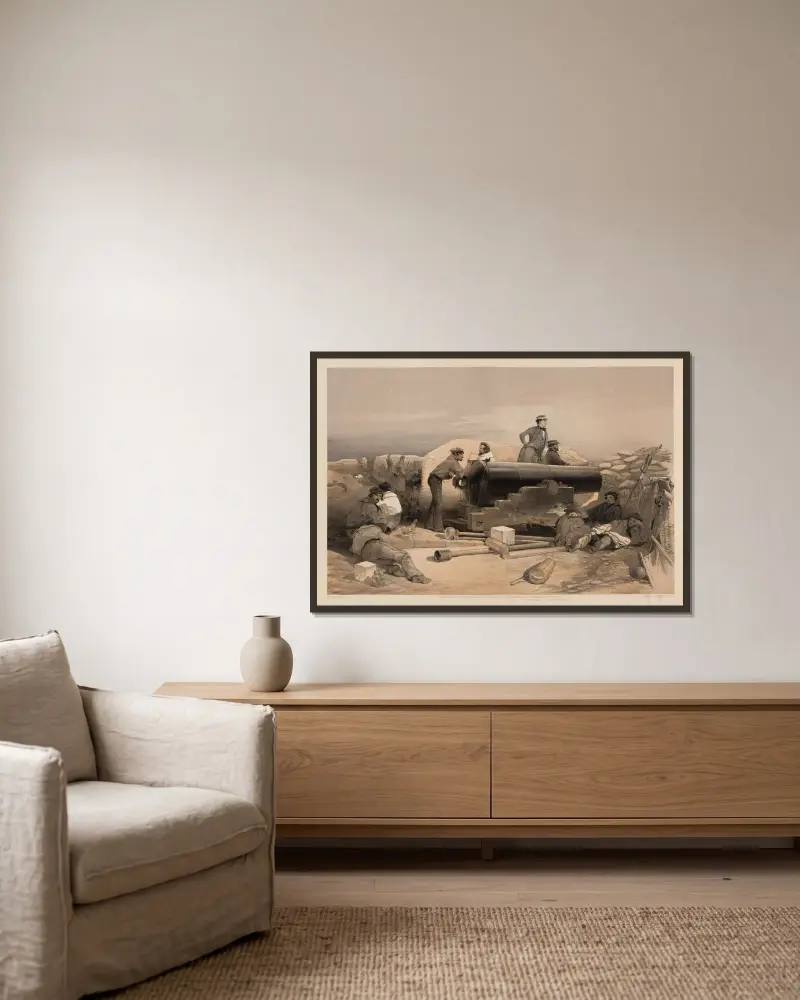 A quiet day in the diamond battery – portrait of a Lancaster 68 pounder, 15th Decr. 1854 av William Simpson inramad på en vägg