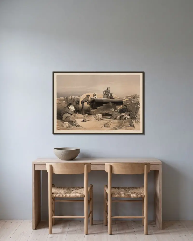 A quiet day in the diamond battery – portrait of a Lancaster 68 pounder, 15th Decr. 1854 av William Simpson inramad på en vägg
