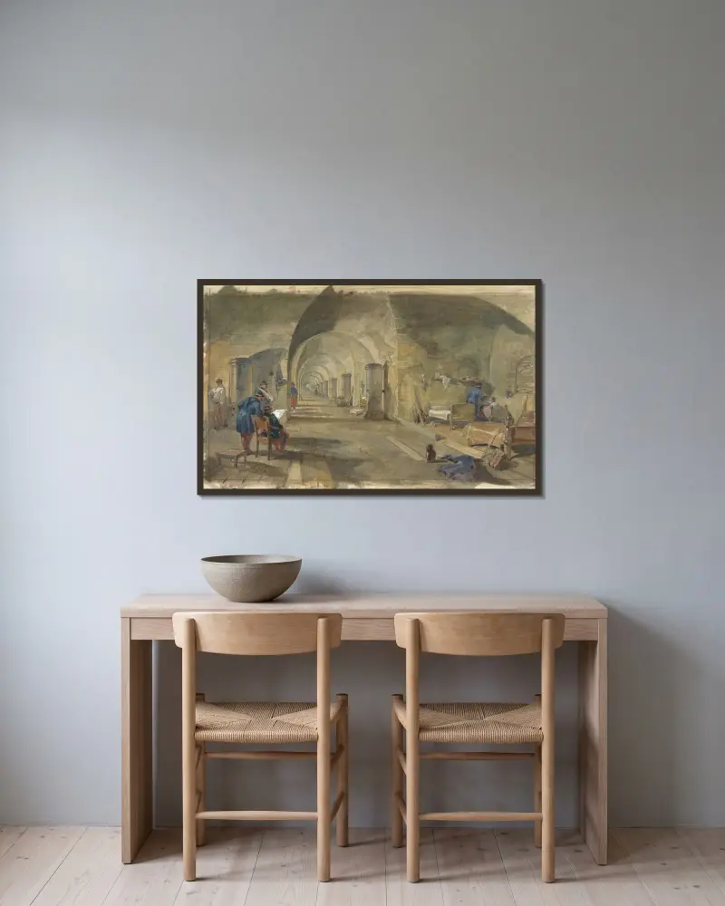 Interiör av Fort Nicholas, Sebastopol, Krim av William Simpson inramad på en vägg