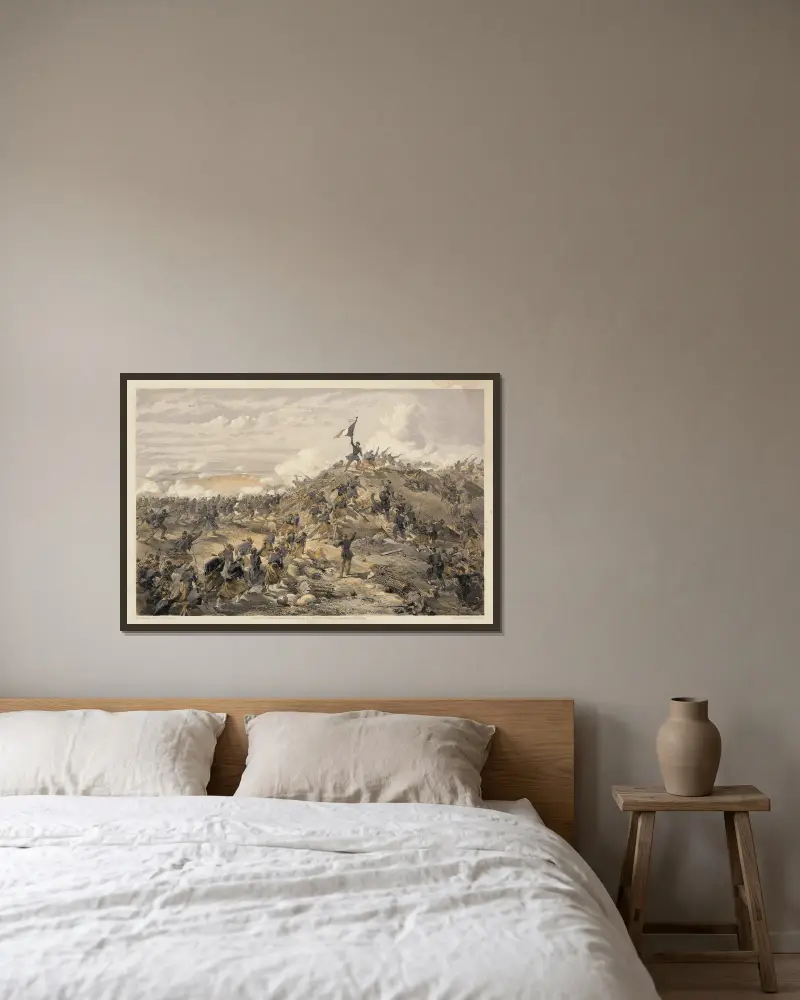 Der Angriff auf den Malakoff von William Simpson gerahmt an einer Wand