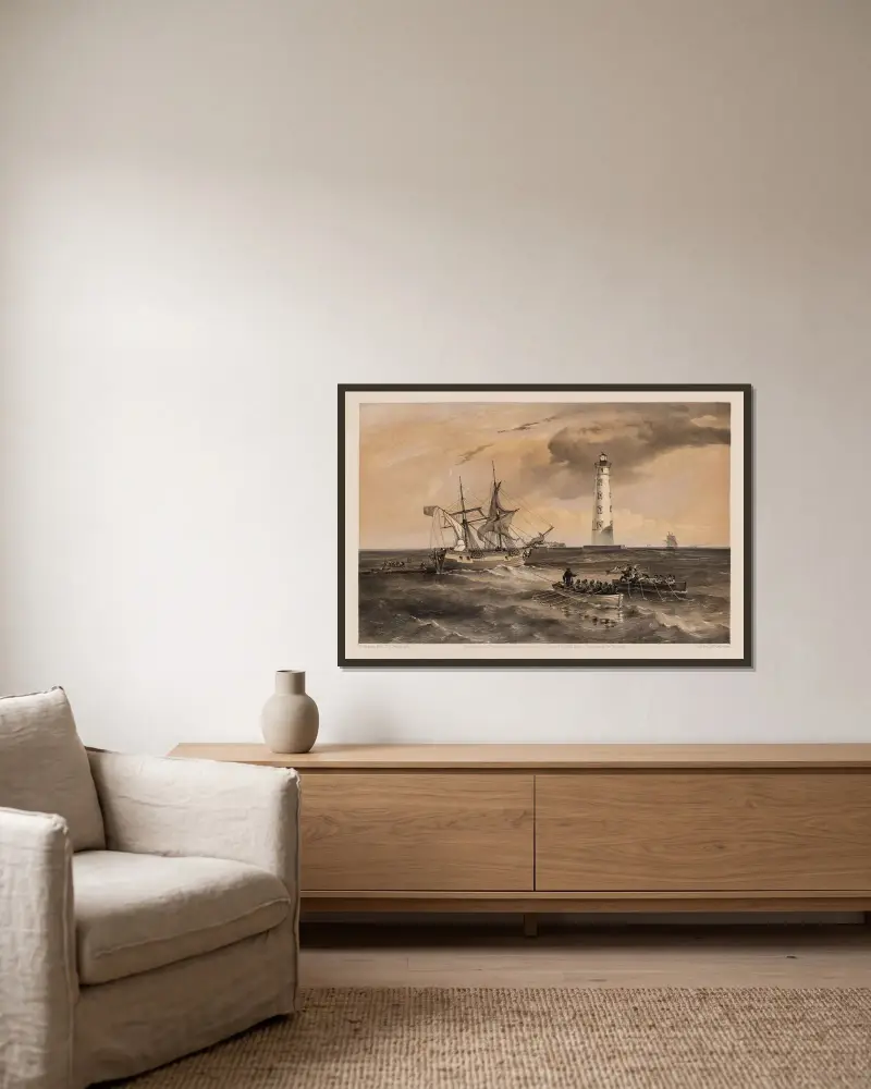 Fyren vid Kape Chersonese – vy mot söder av William Simpson inramad på en vägg