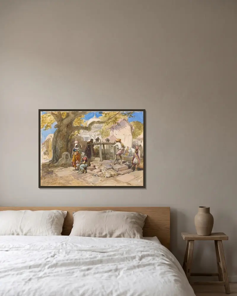 Der Dorfbrunnen von William Simpson gerahmt an einer Wand