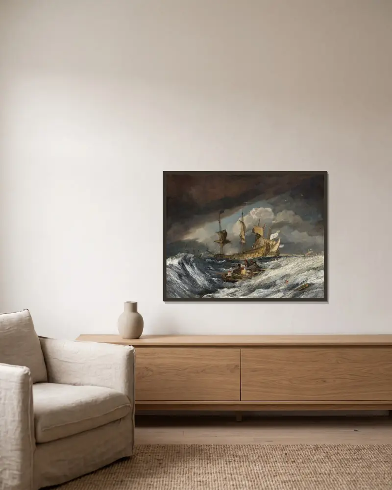 Boats Carrying Out Anchors to the Dutch Men of War av Joseph Mallord William Turner inramad på en vägg