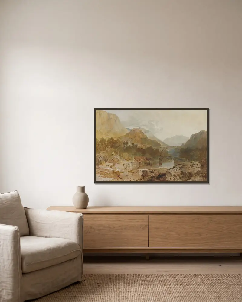Borrowdale, with Longthwaite Bridge and Castle Crag av Joseph Mallord William Turner inramad på en vägg