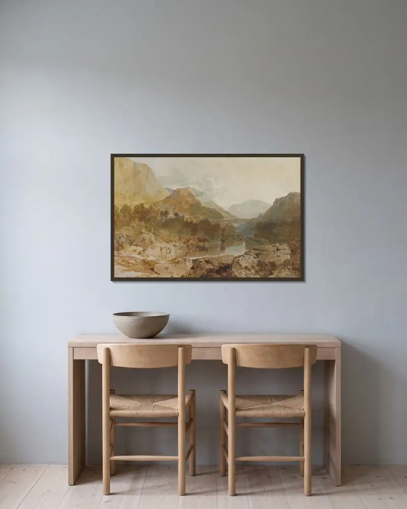 Borrowdale, with Longthwaite Bridge and Castle Crag av Joseph Mallord William Turner inramad på en vägg