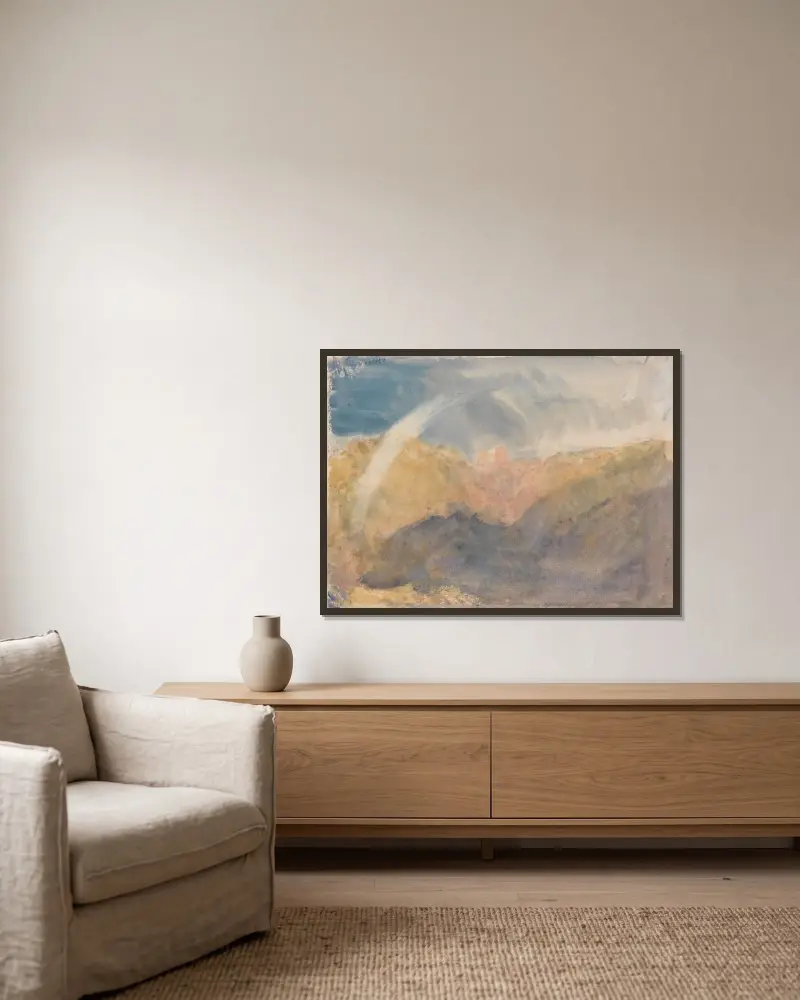 Crichton Castle (Berglandschaft mit Regenbogen) von Joseph Mallord William Turner gerahmt an einer Wand
