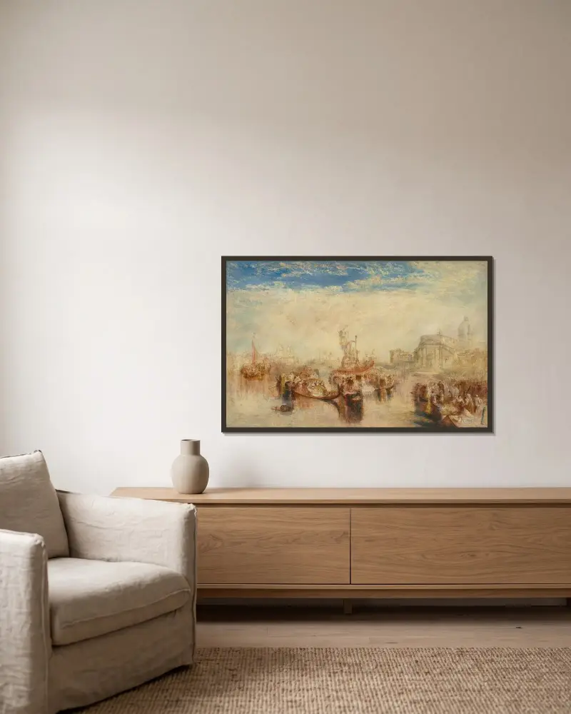 Depositing of John Bellini’s Three Pictures in La Chiesa Redentore, Venice av Joseph Mallord William Turner inramad på en vägg