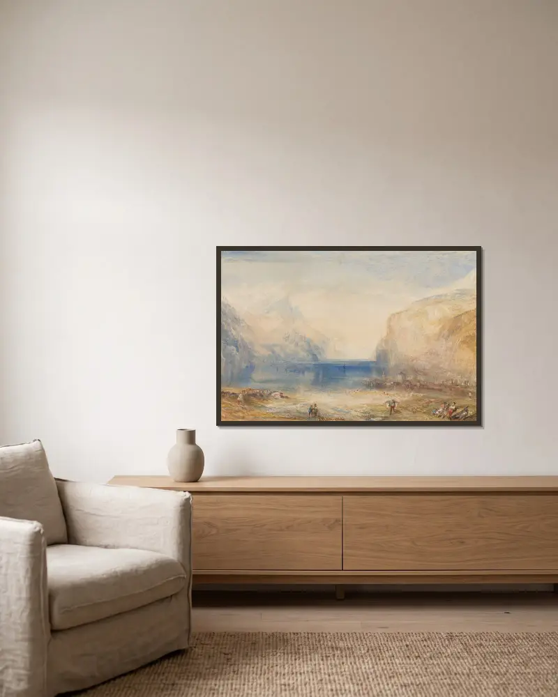 Fluelen – Morgen (mit Blick auf den See) von Joseph Mallord William Turner gerahmt an einer Wand