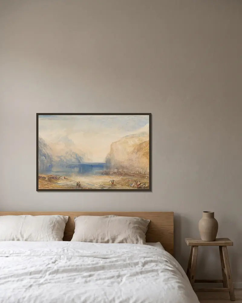 Fluelen – Morgen (mit Blick auf den See) von Joseph Mallord William Turner gerahmt an einer Wand