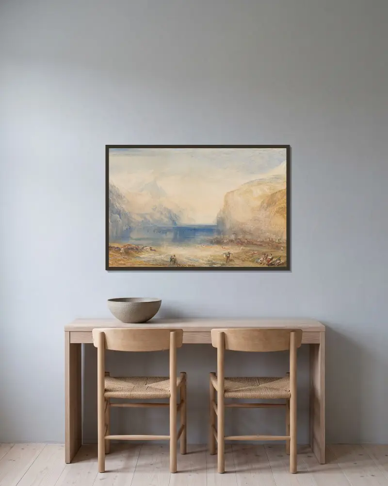 Fluelen – Morgen (mit Blick auf den See) von Joseph Mallord William Turner gerahmt an einer Wand