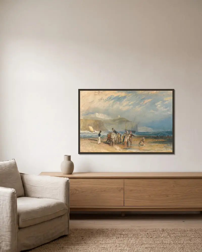 Folkestone Harbour and Coast to Dover av Joseph Mallord William Turner inramad på en vägg