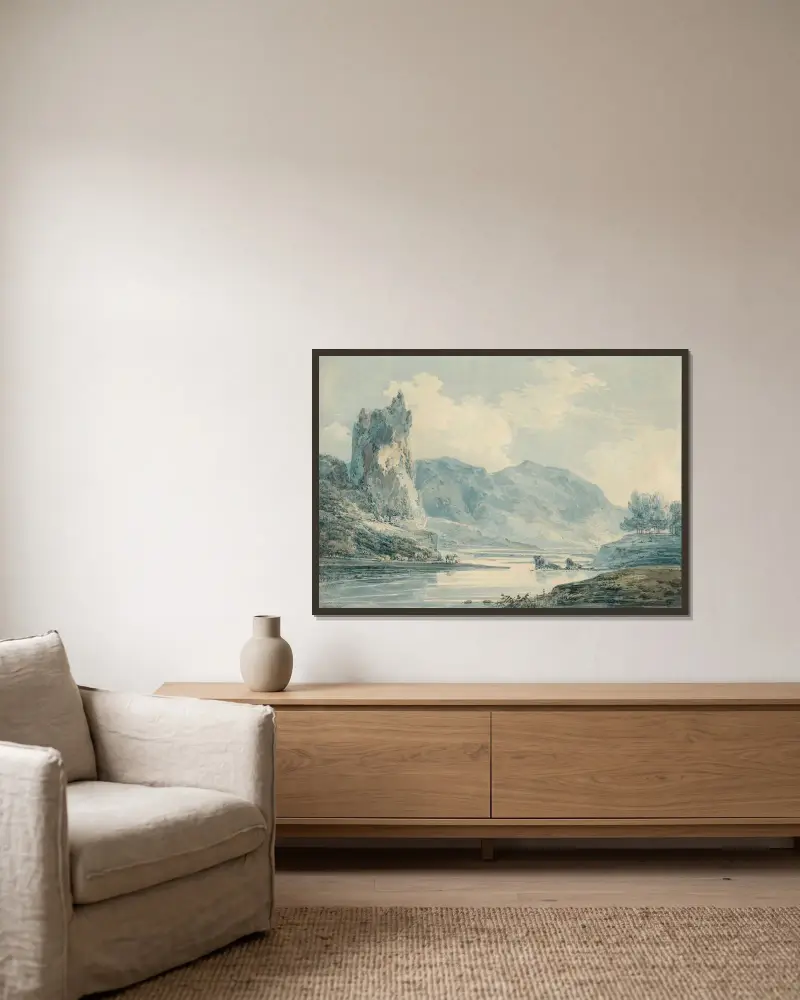 Ilam Rock, Dovedale, Derbyshire av Joseph Mallord William Turner inramad på en vägg