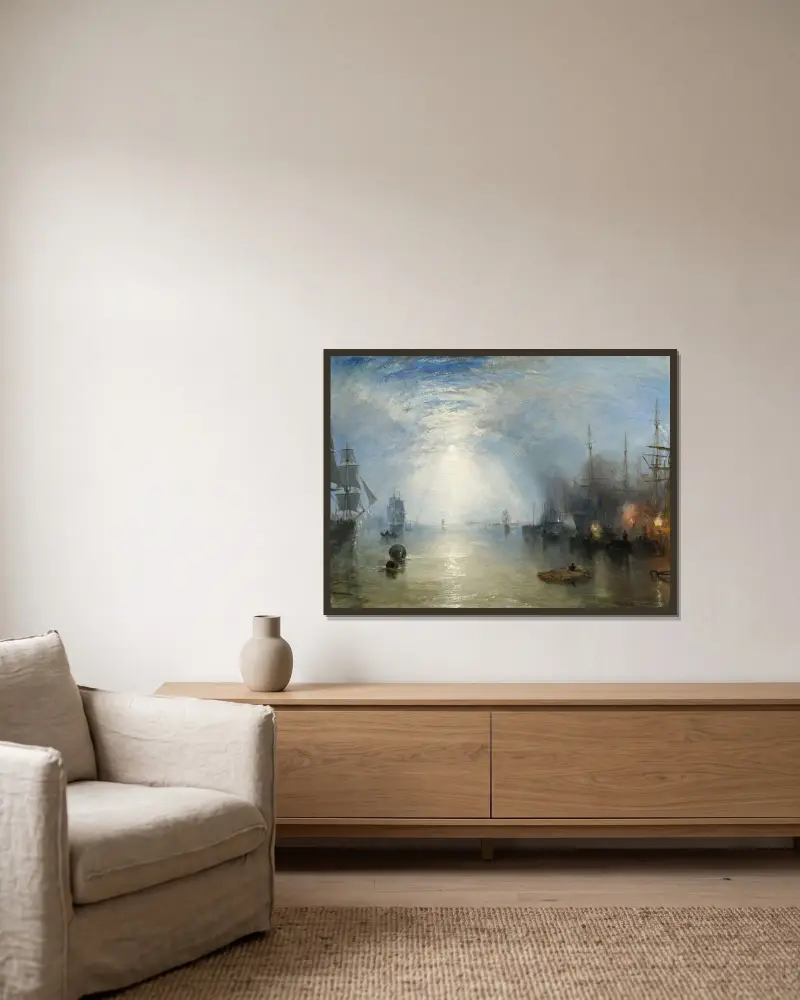 Kolpråmar som lastar kol i månsken av Joseph Mallord William Turner inramad på en vägg