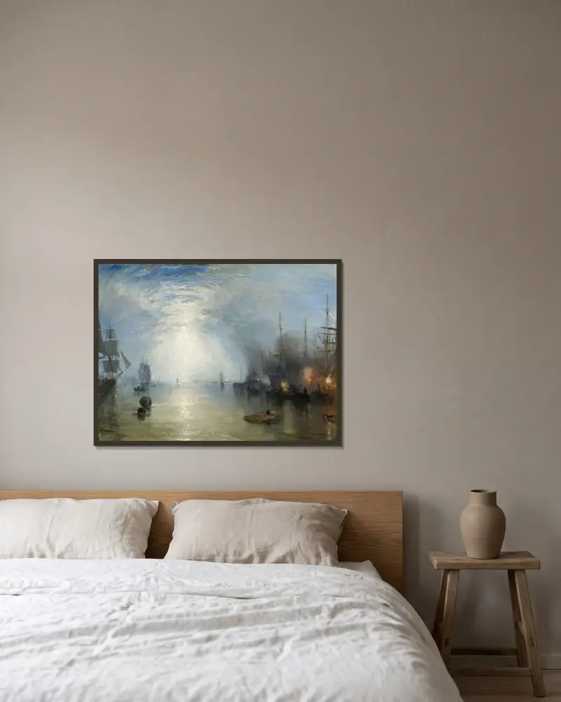 Kolpråmar som lastar kol i månsken av Joseph Mallord William Turner inramad på en vägg