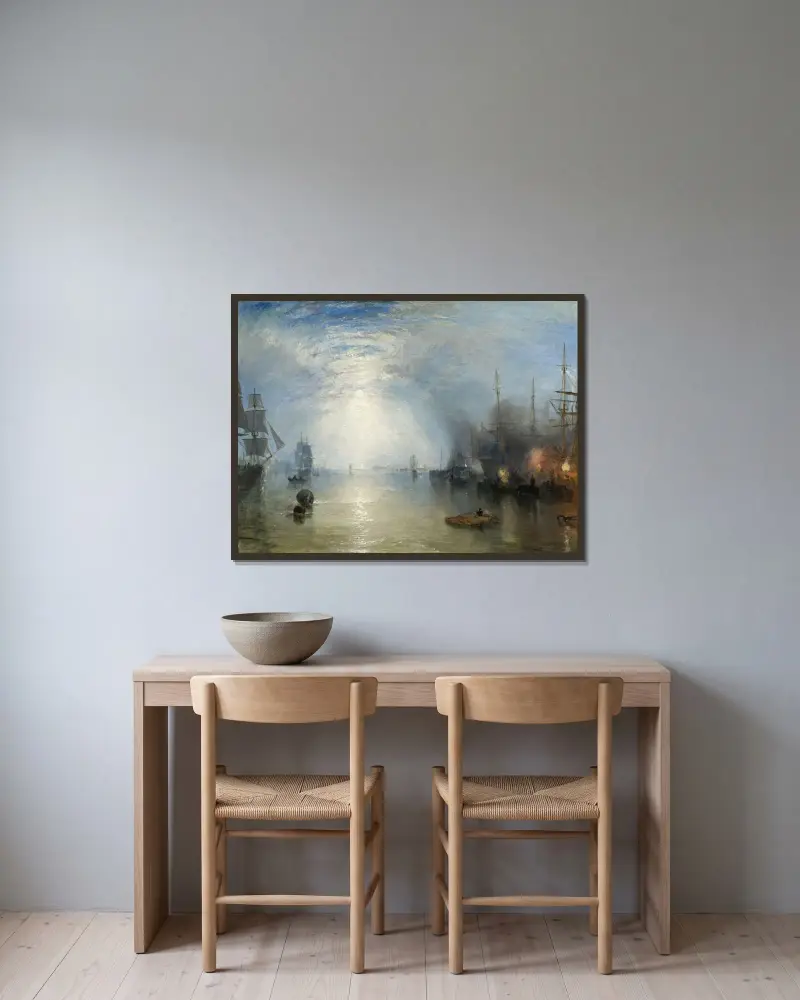 Kolpråmar som lastar kol i månsken av Joseph Mallord William Turner inramad på en vägg