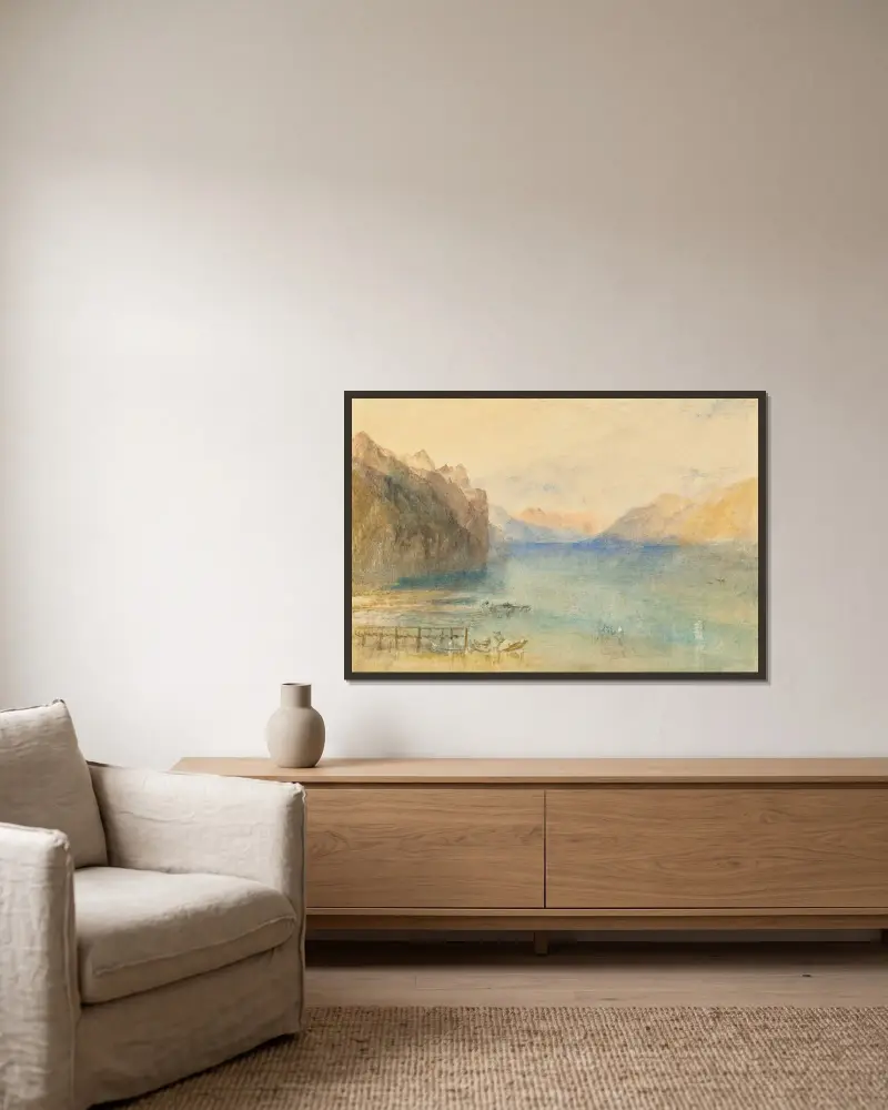Lake Brienz, with the setting Moon av Joseph Mallord William Turner inramad på en vägg