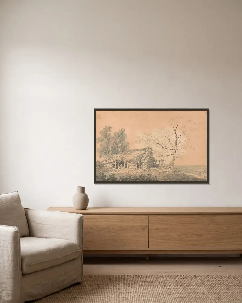 Landschaft mit Scheune von Joseph Mallord William Turner gerahmt an einer Wand