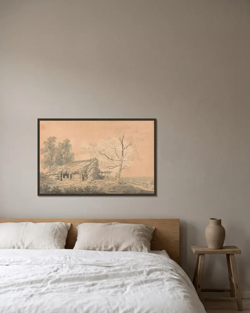 Landschaft mit Scheune von Joseph Mallord William Turner gerahmt an einer Wand