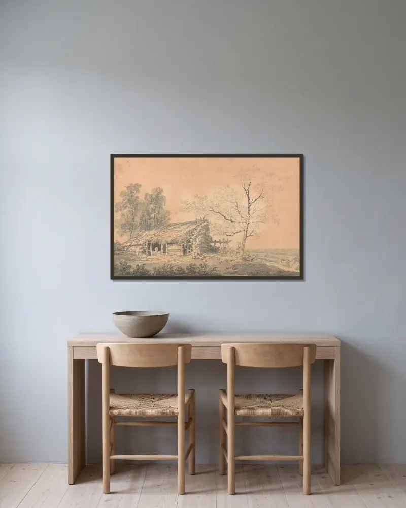 Landschaft mit Scheune von Joseph Mallord William Turner gerahmt an einer Wand