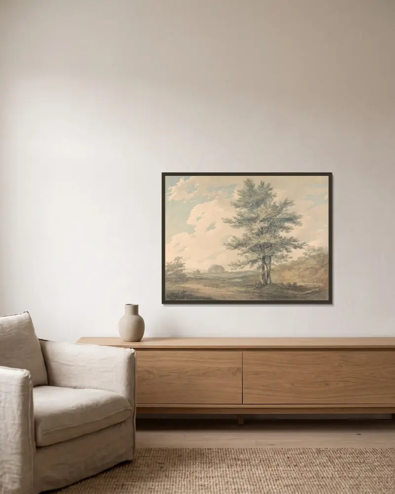 Landschaft mit Bäumen und Figuren von Joseph Mallord William Turner gerahmt an einer Wand