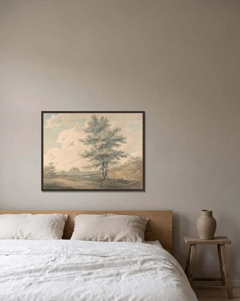 Landschaft mit Bäumen und Figuren von Joseph Mallord William Turner gerahmt an einer Wand