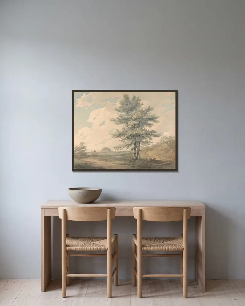 Landschaft mit Bäumen und Figuren von Joseph Mallord William Turner gerahmt an einer Wand