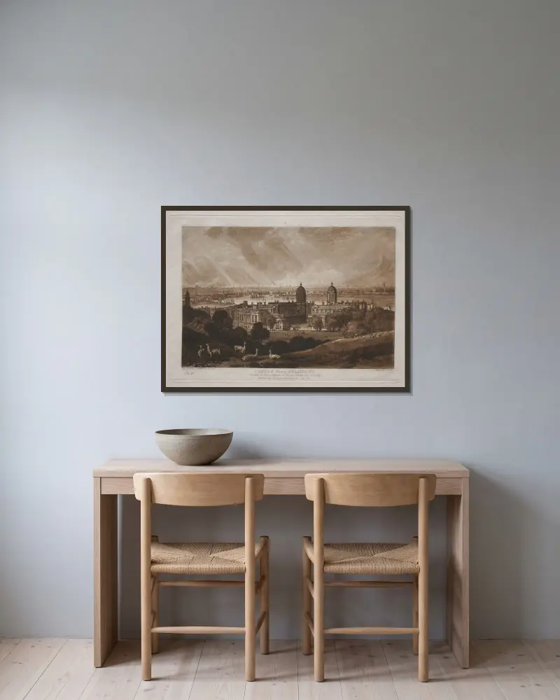 London von Greenwich aus von Joseph Mallord William Turner gerahmt an einer Wand