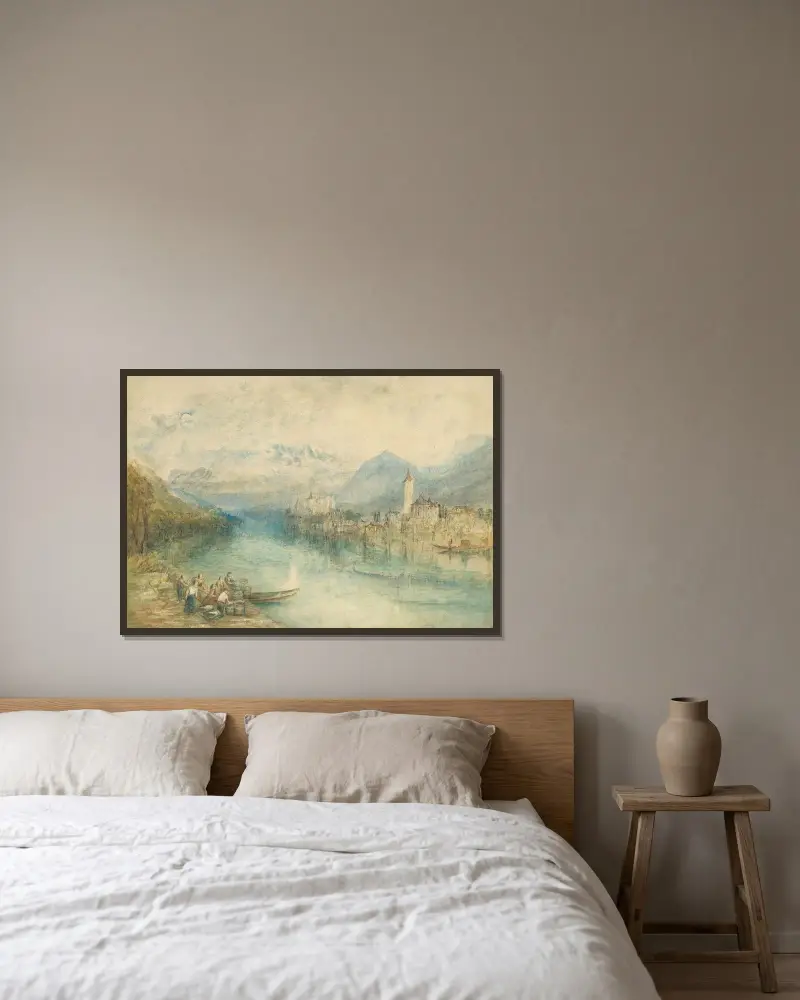 Looking towards Lake Thun, from opposite Scherzligen, with Schloss Schadau and the Niesen in the distance, Switzerland av Joseph Mallord William Turner inramad på en vägg