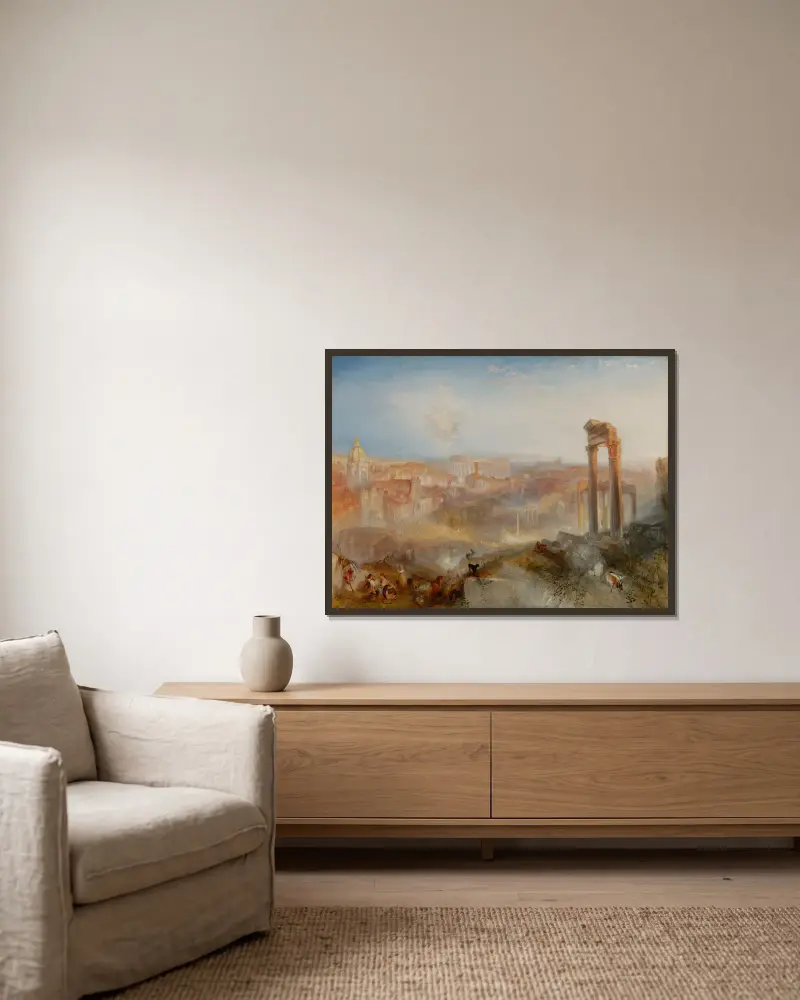 Modern Rome – Campo Vaccino av Joseph Mallord William Turner inramad på en vägg