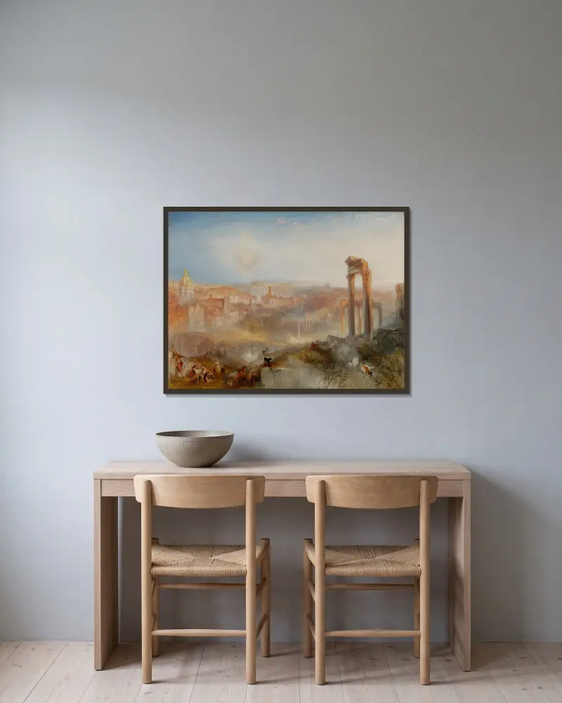 Modern Rome – Campo Vaccino av Joseph Mallord William Turner inramad på en vägg
