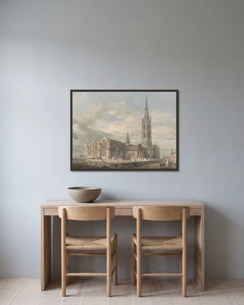 Nordostlig vy över Grantham Church, Lincolnshire av Joseph Mallord William Turner inramad på en vägg