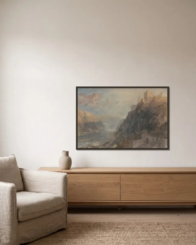 Rheinfels Looking to Katz and Gourhausen av Joseph Mallord William Turner inramad på en vägg