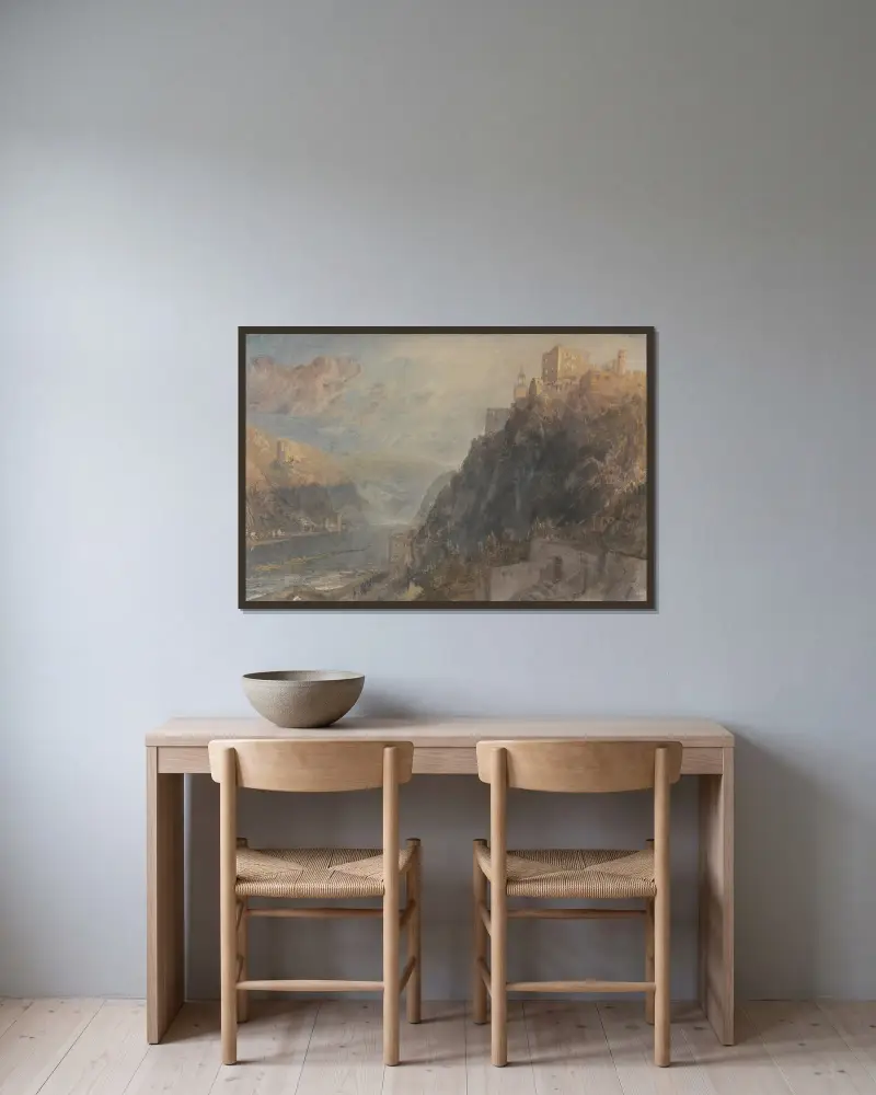 Rheinfels Looking to Katz and Gourhausen av Joseph Mallord William Turner inramad på en vägg