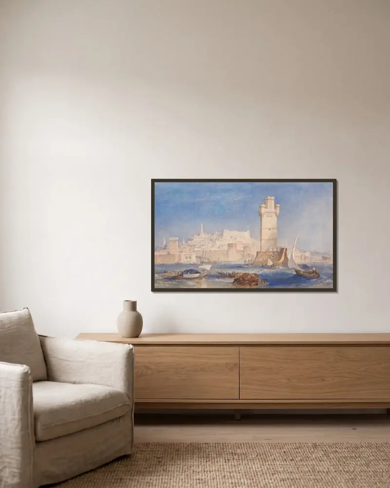 Rhodos von Joseph Mallord William Turner gerahmt an einer Wand