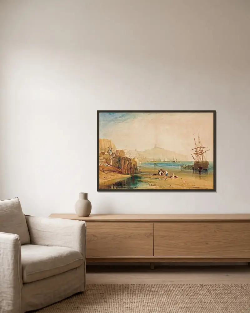 Scarborough town and castle; morning; boys catching crabs av Joseph Mallord William Turner inramad på en vägg