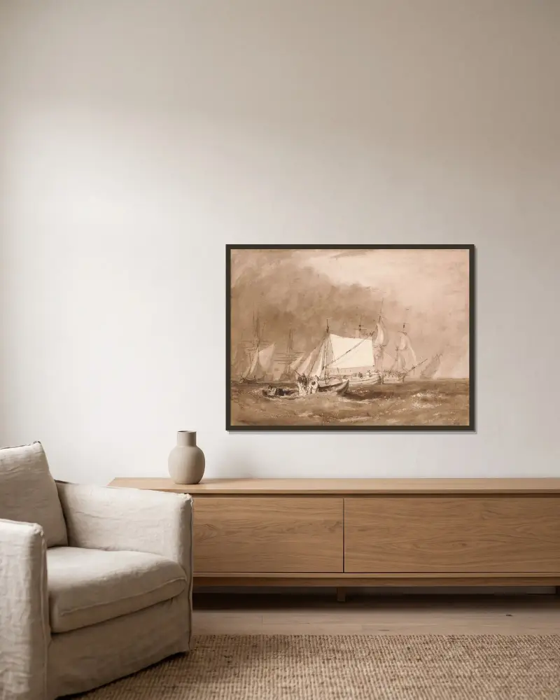 Shipping Scene, with Fishermen av Joseph Mallord William Turner inramad på en vägg