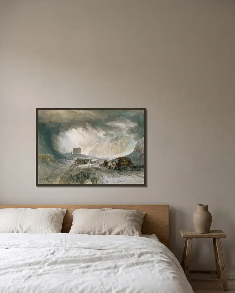 Snowstorm, Mont Cenis av Joseph Mallord William Turner inramad på en vägg