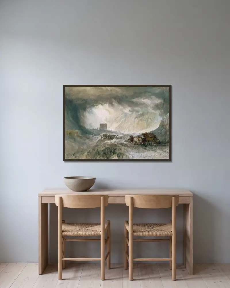 Snowstorm, Mont Cenis av Joseph Mallord William Turner inramad på en vägg