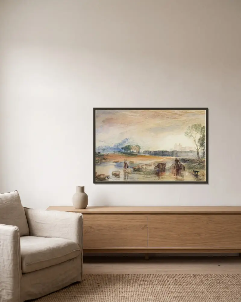 Sonnenuntergang und Mondaufgang von Joseph Mallord William Turner gerahmt an einer Wand