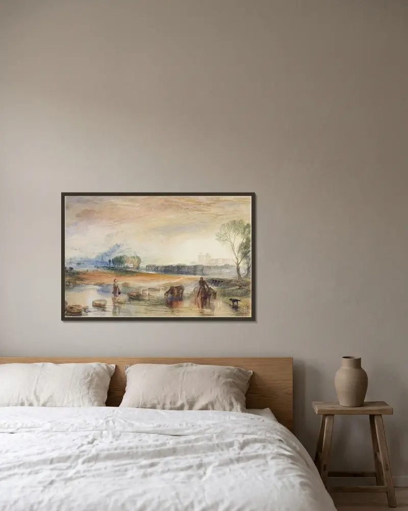 Sonnenuntergang und Mondaufgang von Joseph Mallord William Turner gerahmt an einer Wand