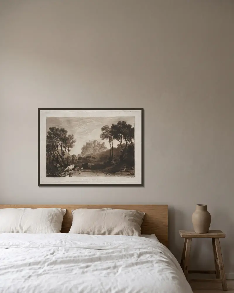 Das Schloss über den Wiesen von Joseph Mallord William Turner gerahmt an einer Wand