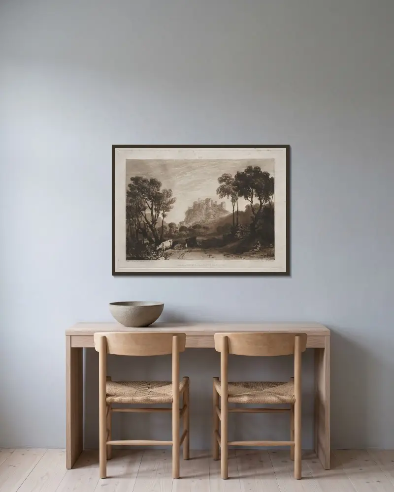 Das Schloss über den Wiesen von Joseph Mallord William Turner gerahmt an einer Wand