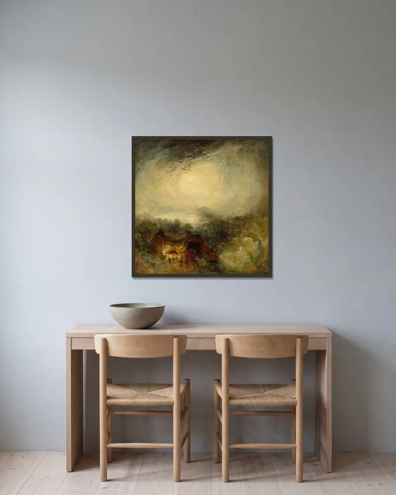 Syndflodens kväll av Joseph Mallord William Turner inramad på en vägg