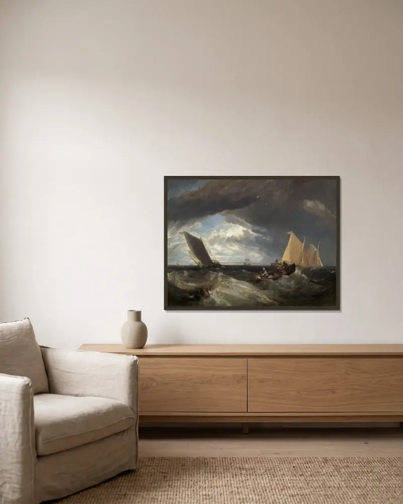 Die Vereinigung von Themse und Medway von Joseph Mallord William Turner gerahmt an einer Wand