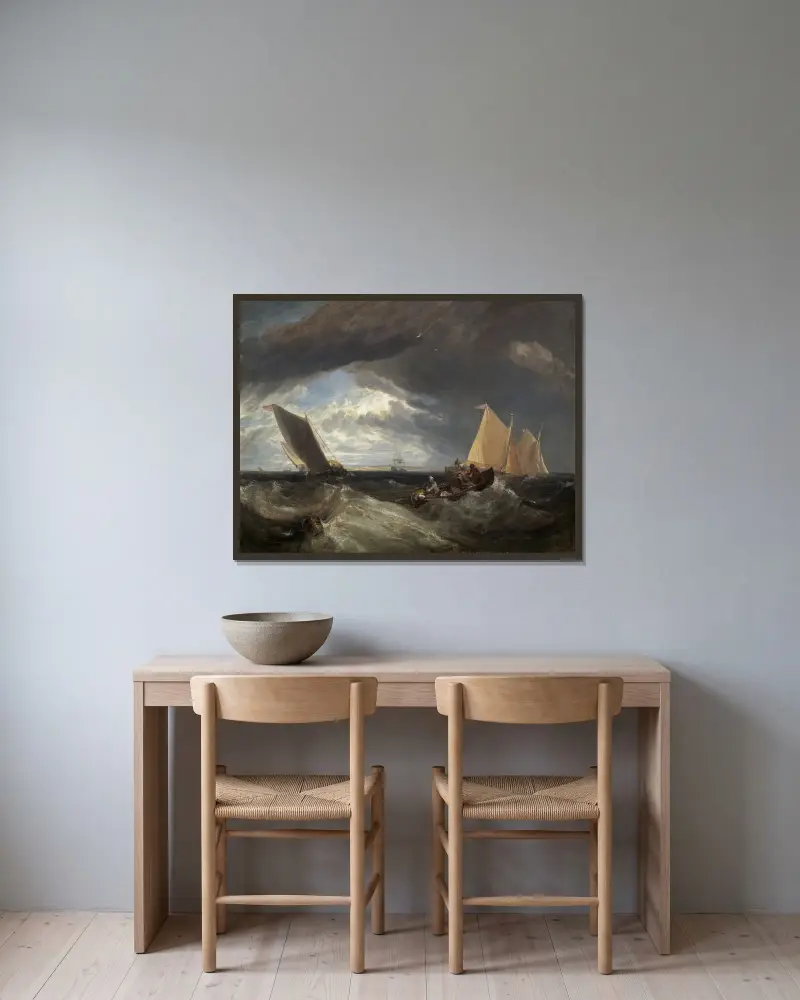 Die Vereinigung von Themse und Medway von Joseph Mallord William Turner gerahmt an einer Wand