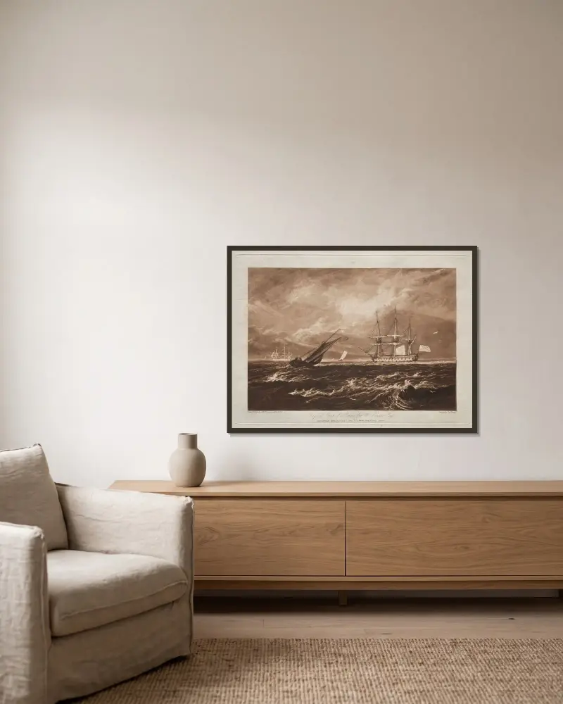 The Leader Sea-piece av Joseph Mallord William Turner inramad på en vägg