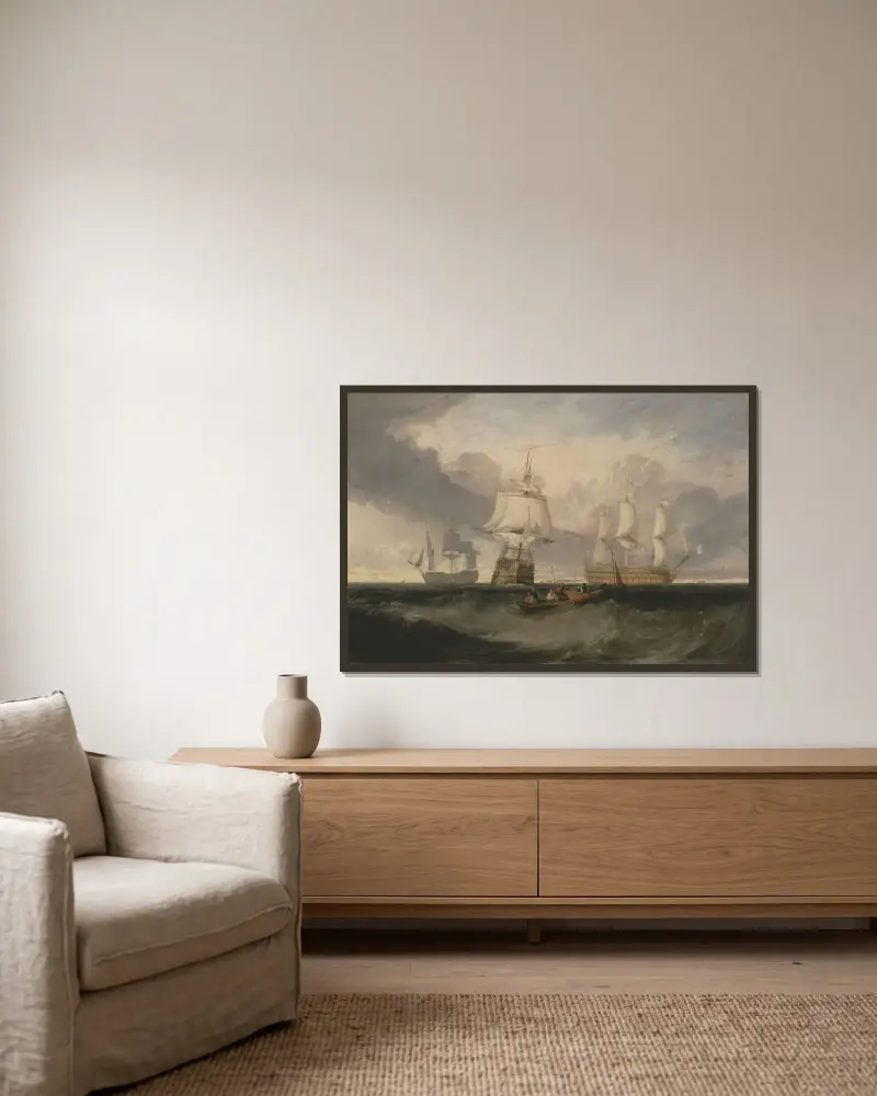 The Victory Returning from Trafalgar, in Three Positions av Joseph Mallord William Turner inramad på en vägg